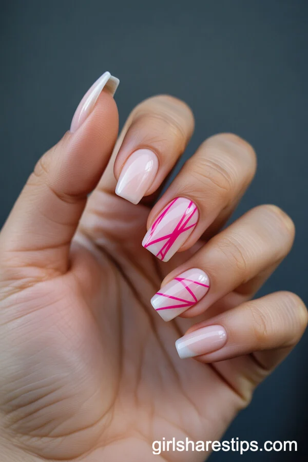 Modern Geometric Lines on Pale Pink Coffin Nails