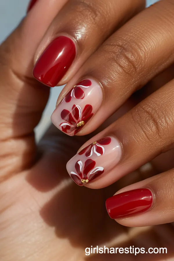 Red and Translucent Squoval Nails with Abstract Hand-Painted Flowers