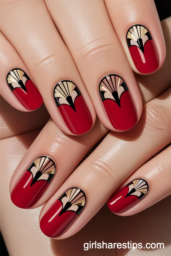 Art Deco Scarlet Negative Space on Short Oval Nails