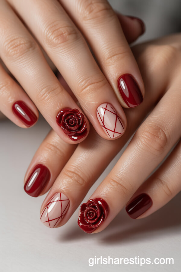 Deep Red and Nude Squoval Nails with Red Lattice and 3D Rose Appliqué