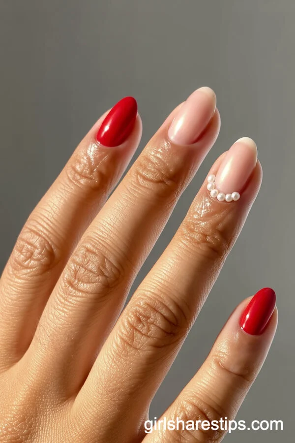 Pearly Red Short Round Nails with Delicate Pearl Cuticle Studs