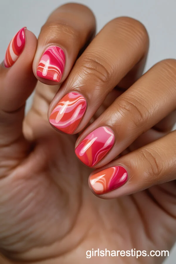 Vibrant Red, Pink, and White Tie-Dye on Short Rounded Nails