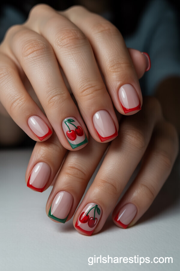 Double French Short Square Nails with Red and Green Tips and Cherry Art