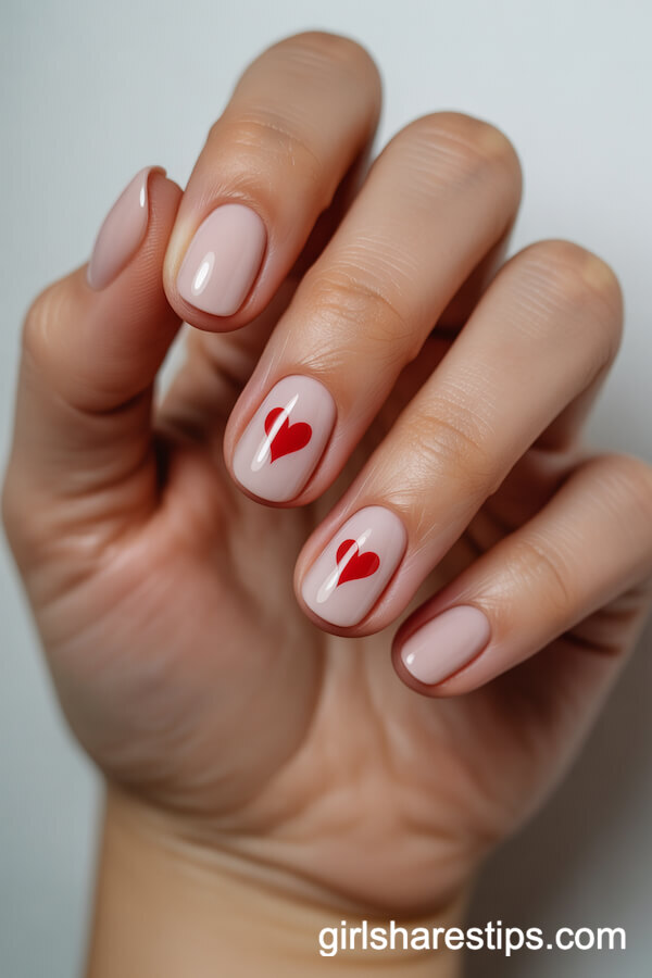 Minimalist Nude Oval Nails with Petite Red Heart Accent