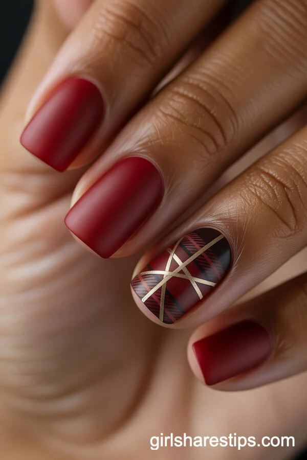 Deep Matte Red Square Nails with Plaid and Gold Striping
