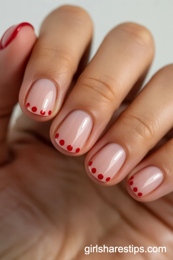 Subtle Polka Dot French Red Tips on Sheer Pink Short Round Nails