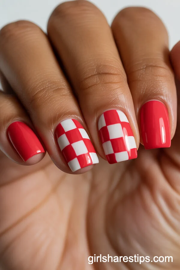 Red and White Checkerboard Patterns on Short Squared Nails