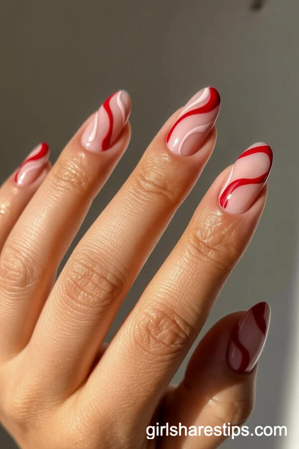 Dynamic Red and Nude Wavy Lines on Short Squoval Nails