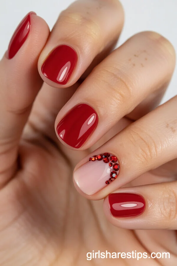 Crimson Short Round Nails with Swarovski Crystal Cuticle Clusters