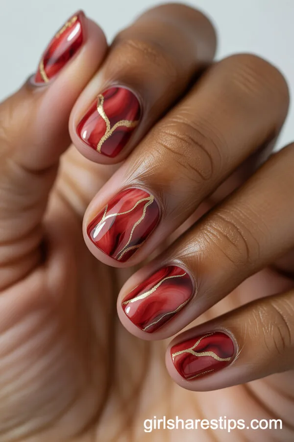 Red Marble Short Nails with Hand-Drawn Gold Veins