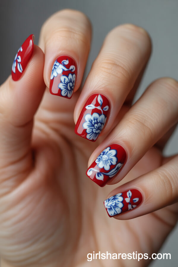 Bold Red Squoval Nails with White and Blue Porcelain Florals