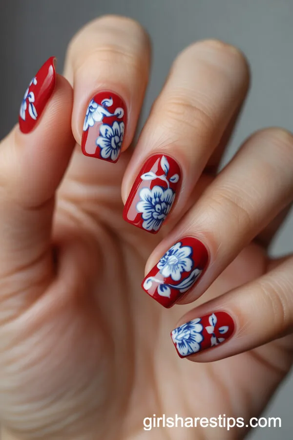 Bold Red Squoval Nails with White and Blue Porcelain Florals