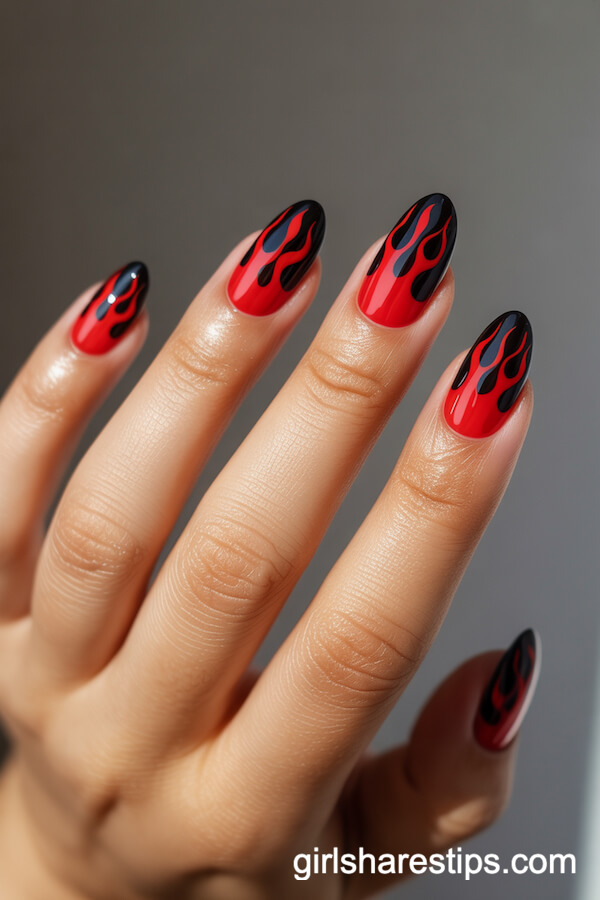 Glossy Black Almond Nails with Bright Red Flame Designs