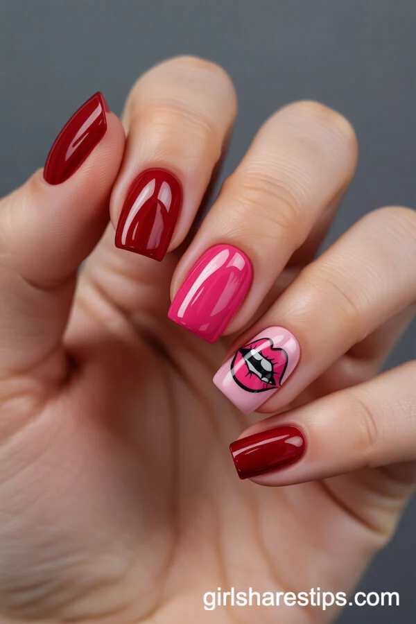 Comic Pop Art Lips and &lsquo;Love&rsquo; Lettering on Short Red Square Nails