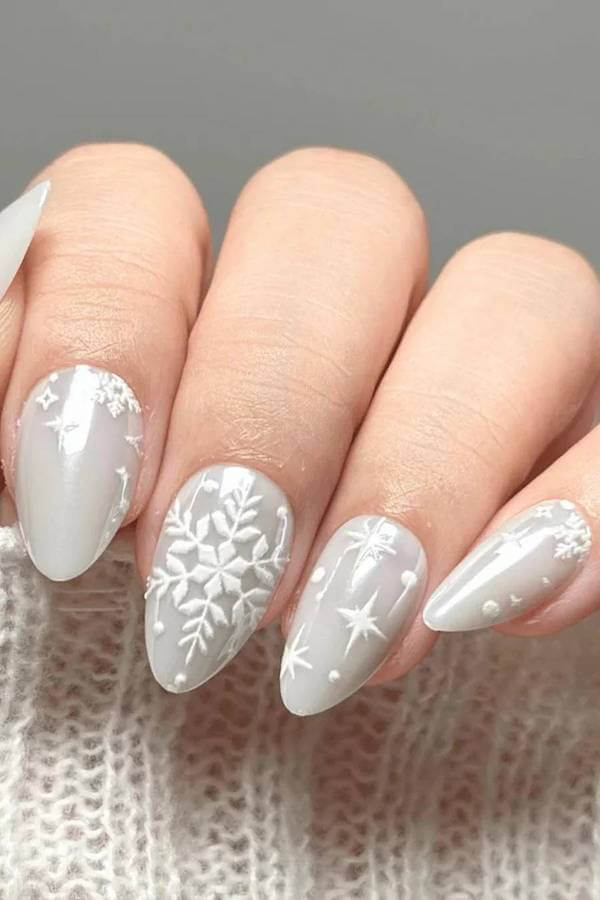 White 3D Snowflake Nails