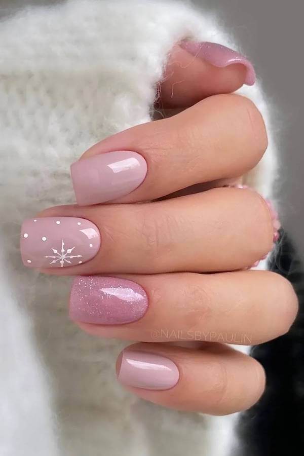 Pink Snowflake Accent Nails