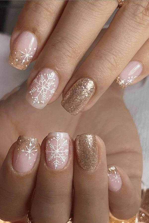 Gold Glitter Snowflake Nails