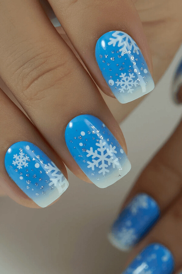 Blue Ombre Snowflake Nails