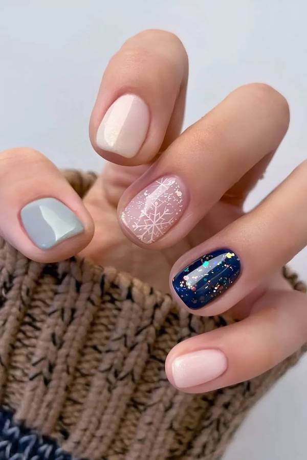 Snowflake Accent with Navy Glitter Nails