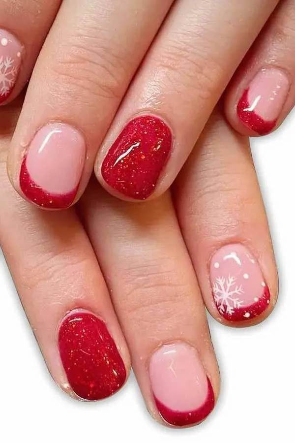 Red French Tip Snowflake Nails