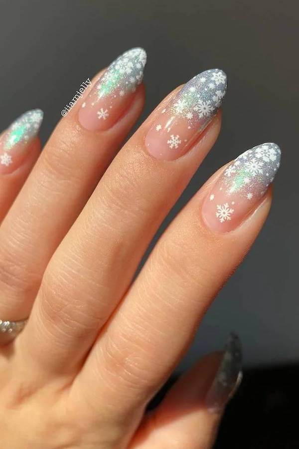 Silver Glitter Snowflake Ombre Nails