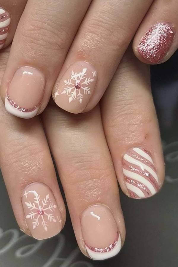 Rose Gold Stripe and Snowflake Nails