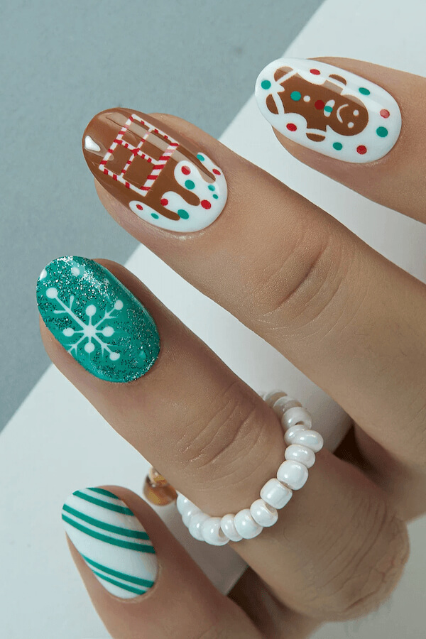 Gingerbread and Turquoise Snowflake Nails