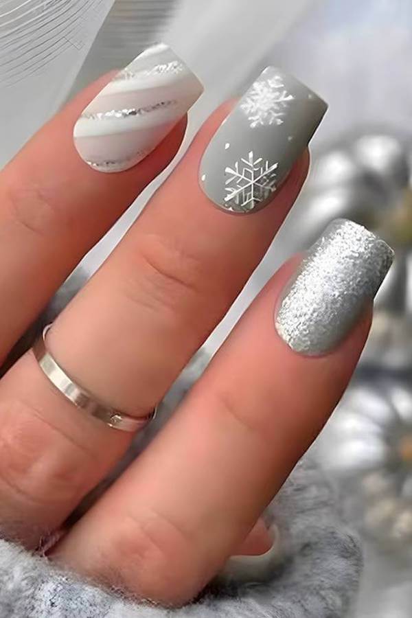 Silver and Gray Snowflake Nails