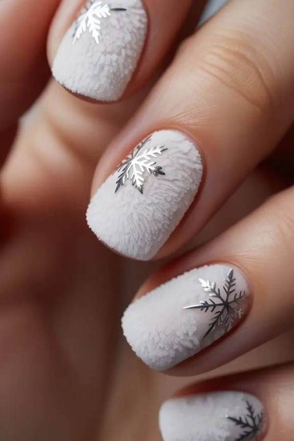 Textured White Snowflake Nails