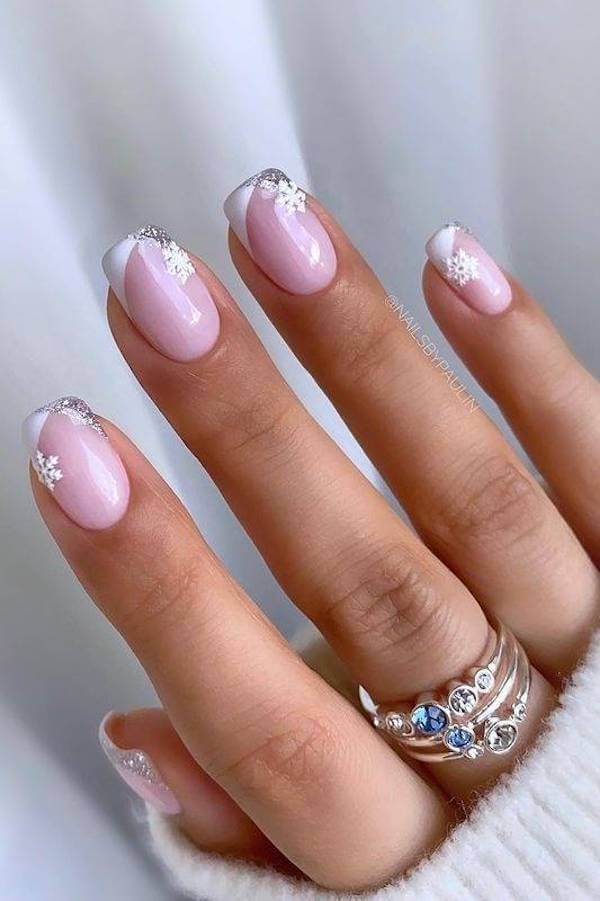 Silver-Tipped French Snowflake Nails