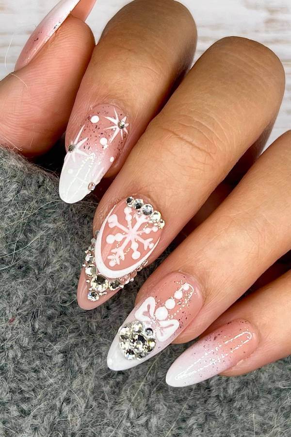 Glam Snowflake Nails with Rhinestones