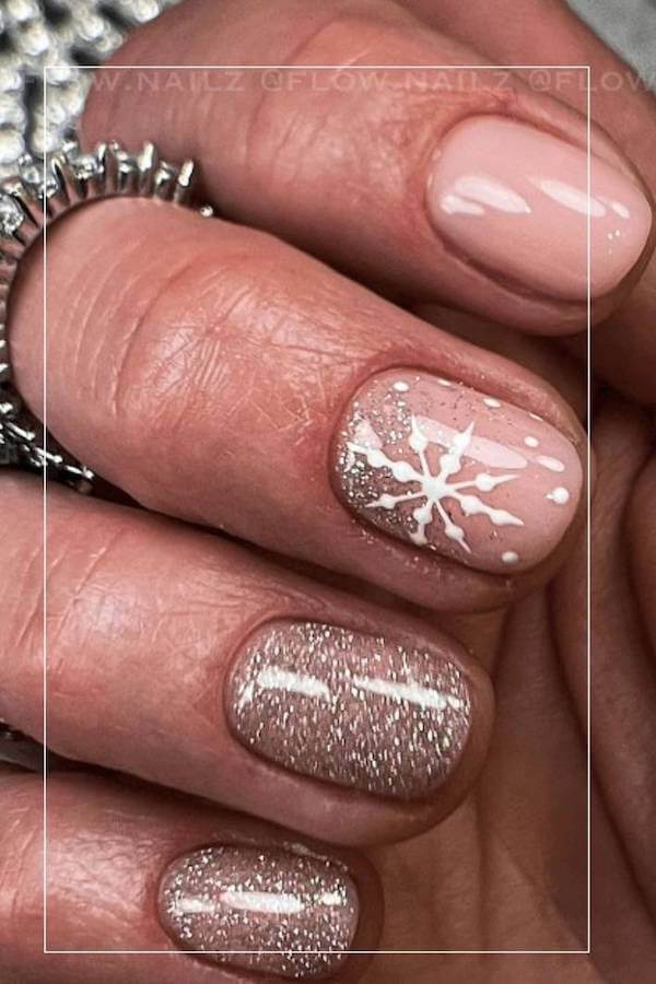 Nude Sparkle Snowflake Nails
