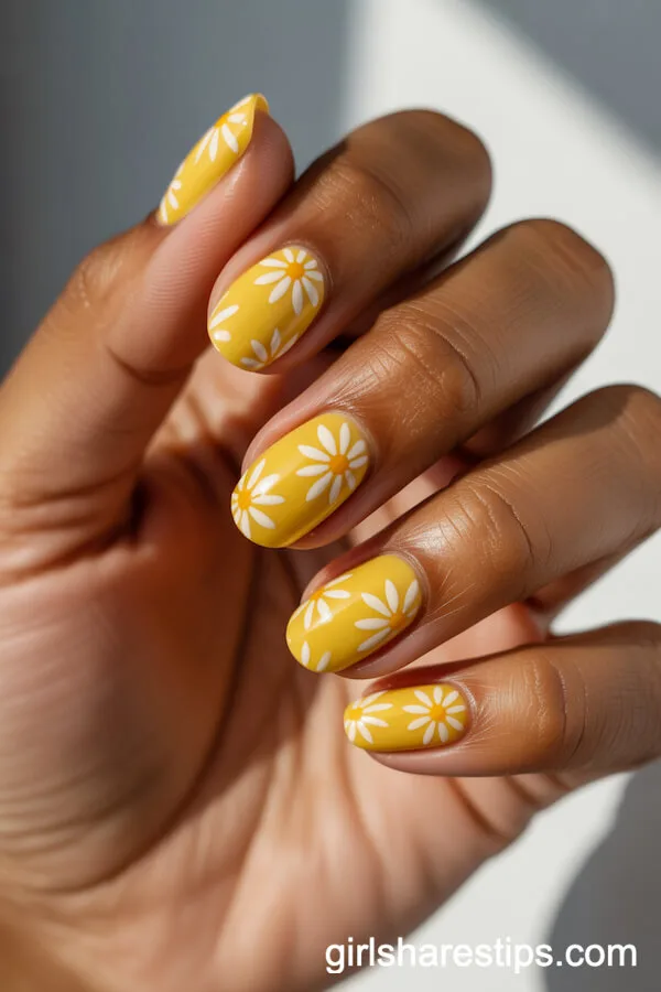 Bright Yellow Short Nails with Daisy Flower Accents
