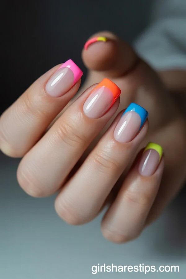 Rainbow Tips on Short Square Nails