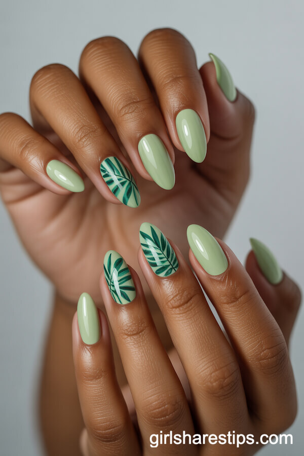 Tropical Palm Leaf Design on Short Almond Nails