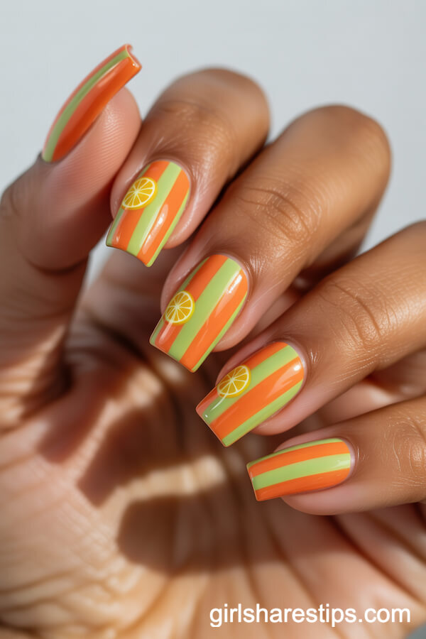Orange and Lime Citrus Stripe Coffin Nails