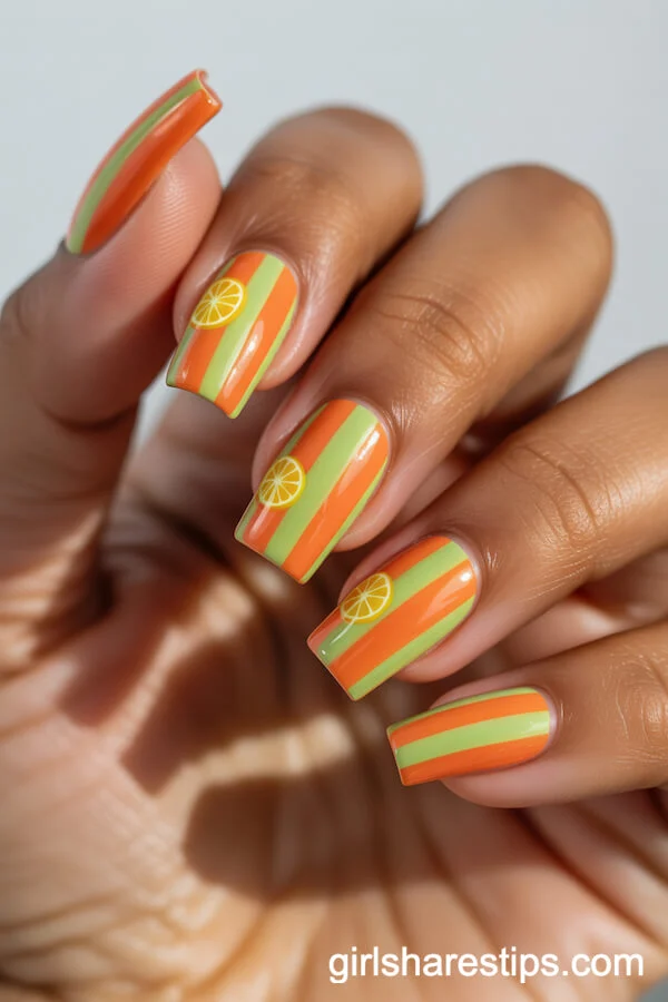 Orange and Lime Citrus Stripe Coffin Nails