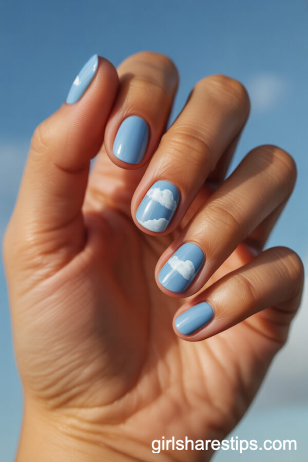 Sky Blue Short Oval Nails with Cloud Art