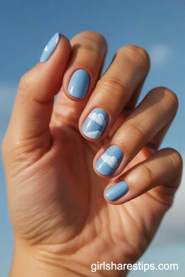 Sky Blue Short Oval Nails with Cloud Art