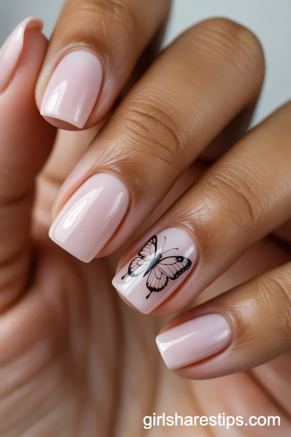 Soft Pink Short Square Nails with Butterfly Details