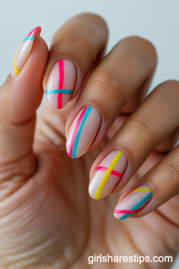 Matte Nude Almond Nails with Bold Graphic Lines