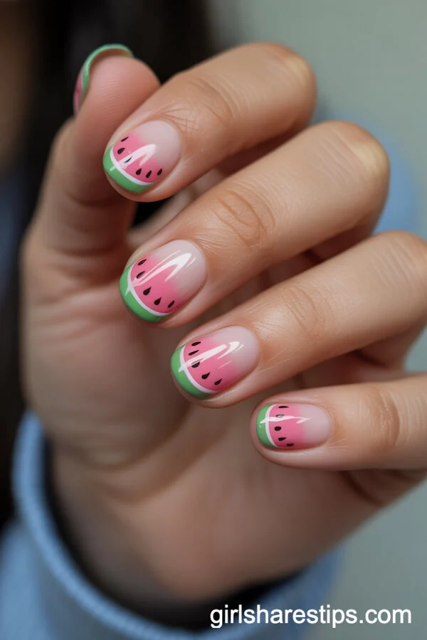 Watermelon Nail Art on Short, Rounded Nails
