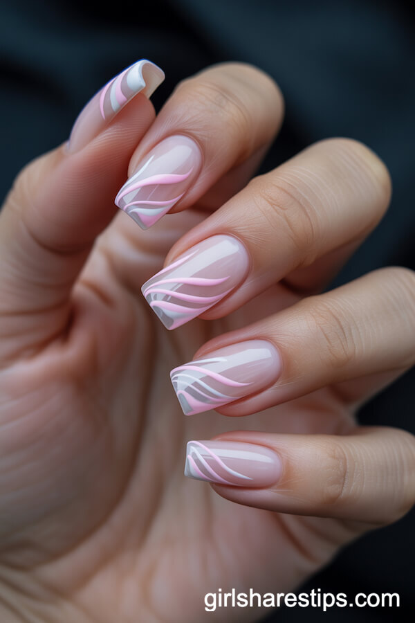Swirling Pink and White Abstract Art on Short Coffin Nails