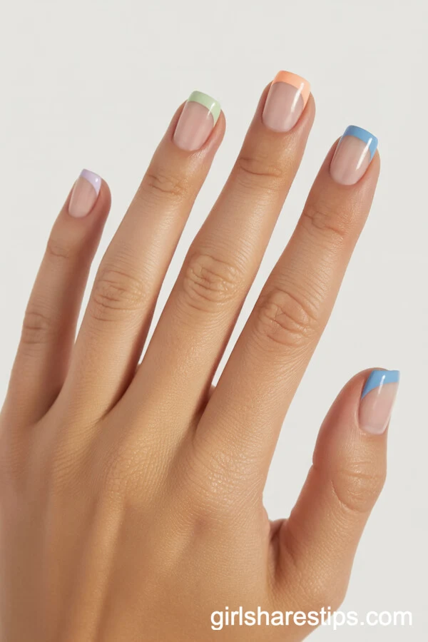 Pastel French Tips on Short Square Nails
