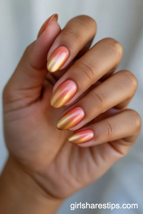 Sunset Ombre Blend on Short Almond Nails