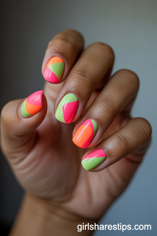 Neon Geometric Designs on Short Squoval Nails