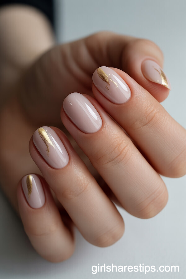 Minimalist Nude Short Nails with Gold Foil Accents