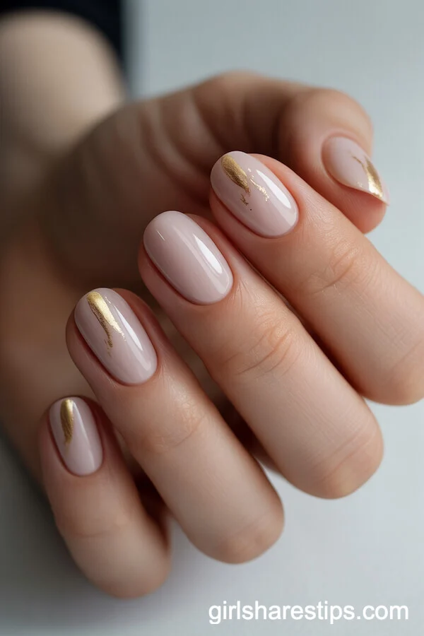Minimalist Nude Short Nails with Gold Foil Accents