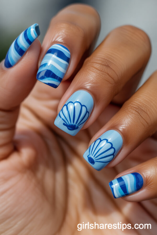 Blue Short Coffin Nails with Wave and Seashell Art