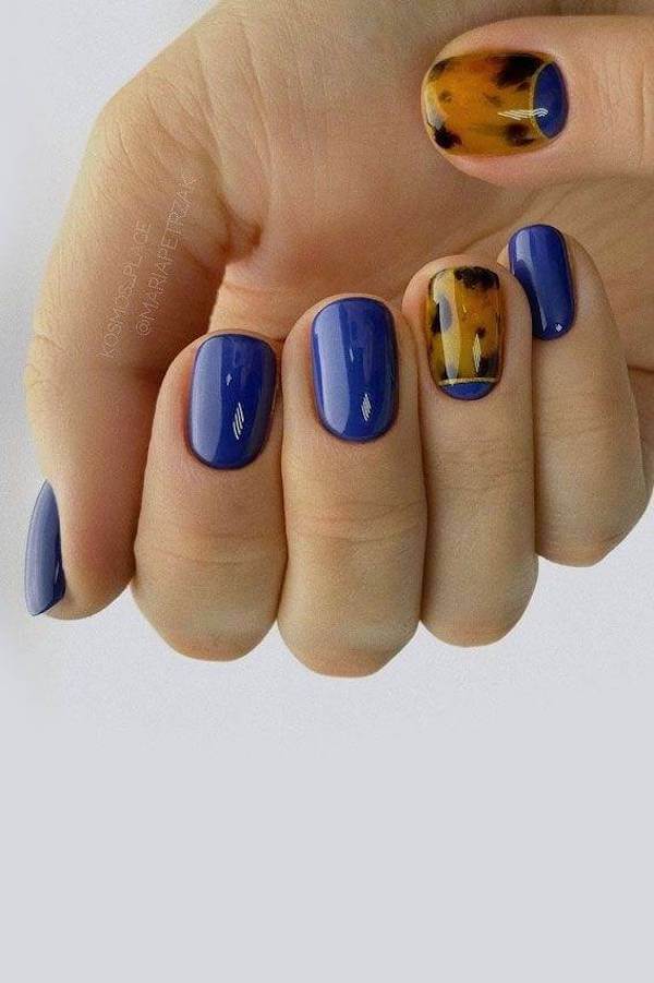 Blue and Tortoise Shell Color Block Nails
